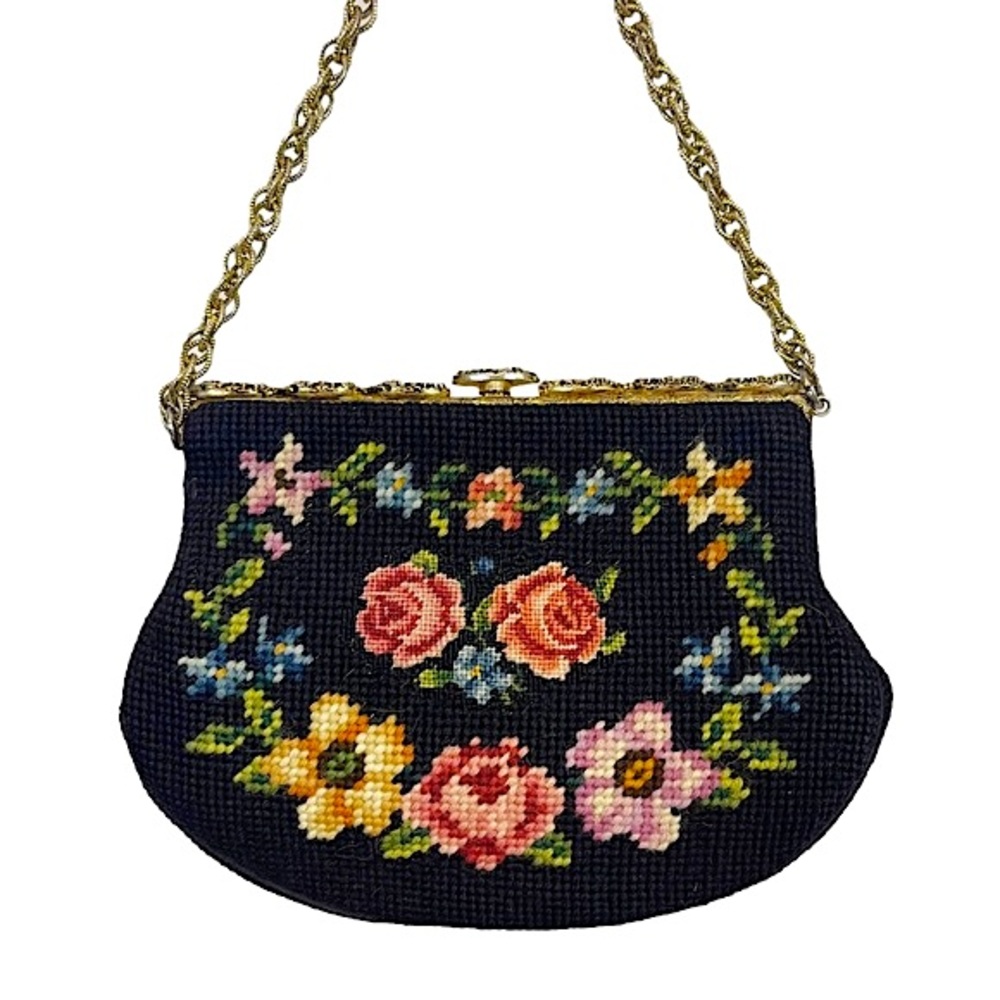 VINTAGE Pink Yellow Floral Needlepoint Gold Chain Strap Hinge Handbag